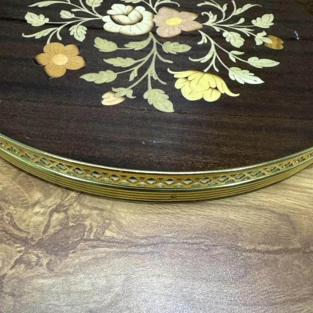 Vintage Italian Marquetry Wood Inlay Tray Brass Handles Vanity Ornate 11-3/4”